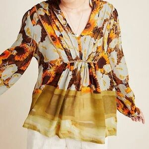 Anthropologie Bla_nk London Cordelia Semi Sheer Pleated Floral Blouse Sz M Boho